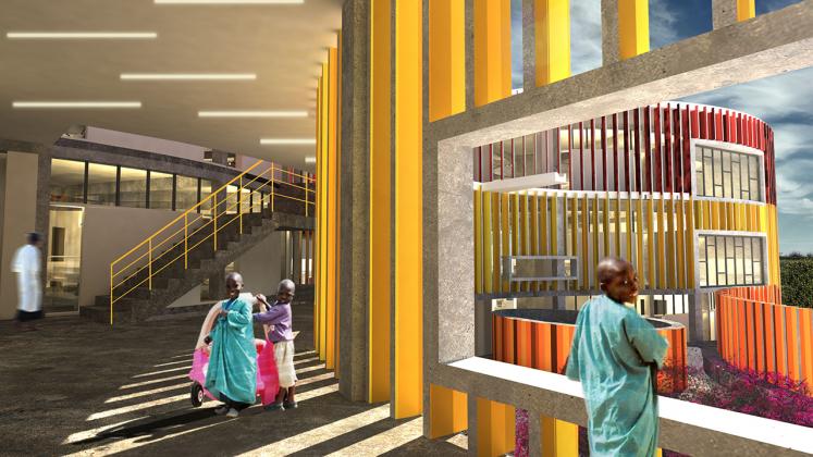 Rendering of Redemption Hospital, View of interior corridor and patient interaction