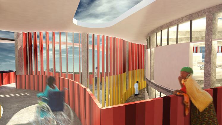 Rendeirng of Redemption Hospital, Interior Ramp with views to patient interaction