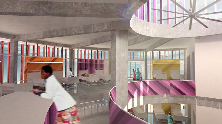 Rendering of Redemption Hospital, View of hospital corridor and central atrium