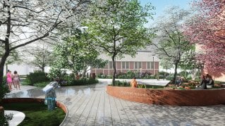 Louise B. Miller Pathways and Gardens: A Legacy to Black Deaf Children (Kendall Memorial Gallaudet). Rendering of a courtyard. People gather in circular sitting areas.
