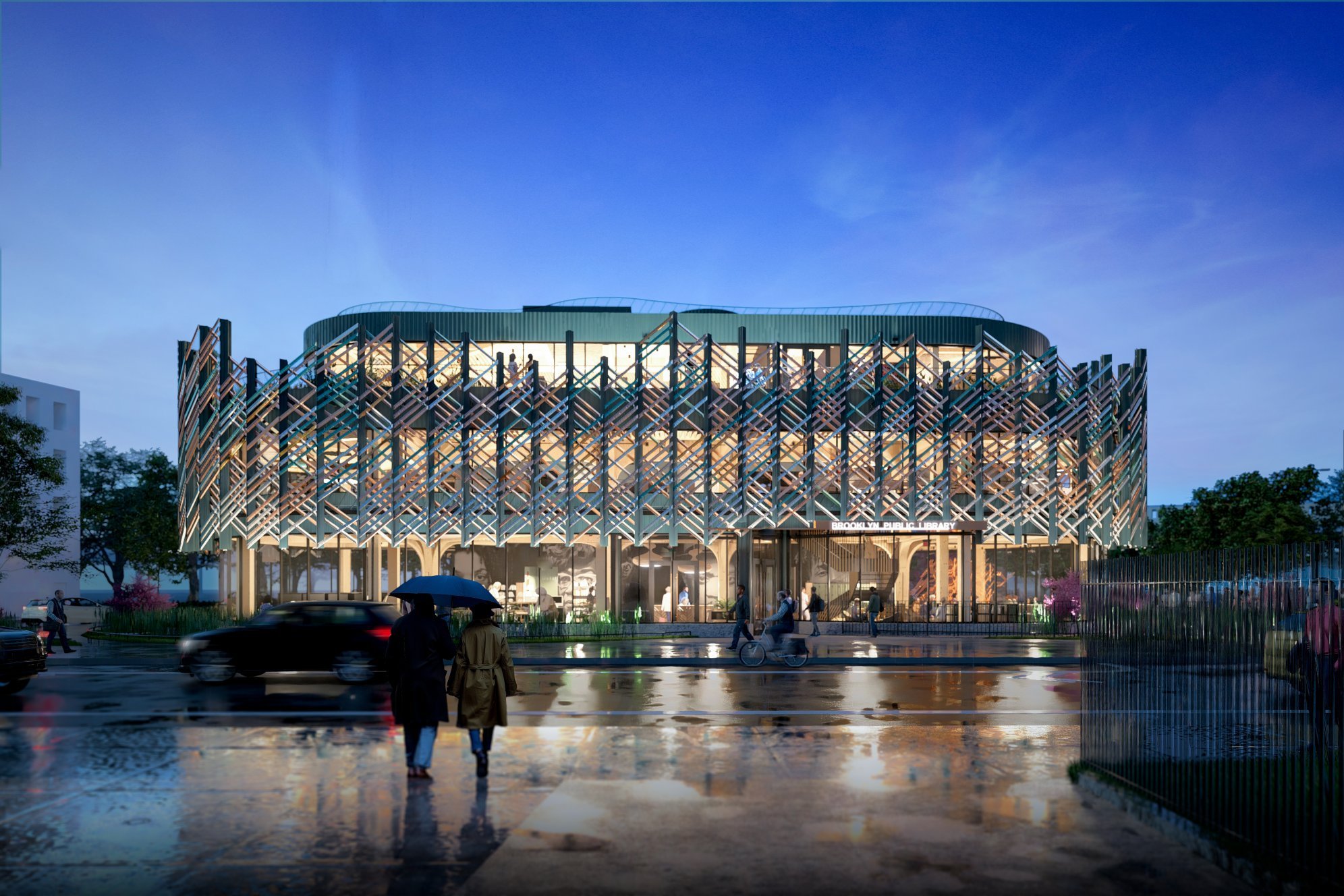 BPL New Lots Branch Exterior in the evening. Credit MASS Design Group & Marble Fairbanks Architects