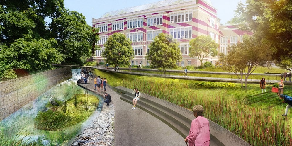 Rendering of the Poughkeepsie Family Partnership Center, View of the Building from the river with passerbys enjoying the outdoors