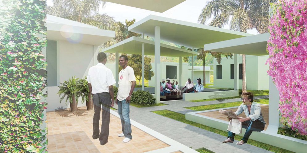 Rendering of St. Boniface Hospital, View of courtyard with patients and doctors engaging the space