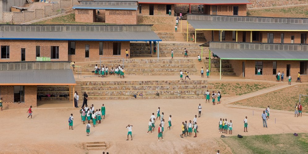 Photo of the Umubano Primary School, Photo by Iwan Baan, Aerial Photo of the Tiered Landscape and Classroom Buildings