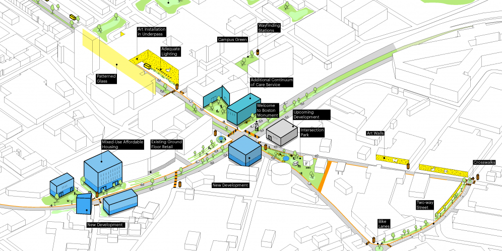 Master plan diagram showing the intersection between Mass Ave and Melnea Cass Ave