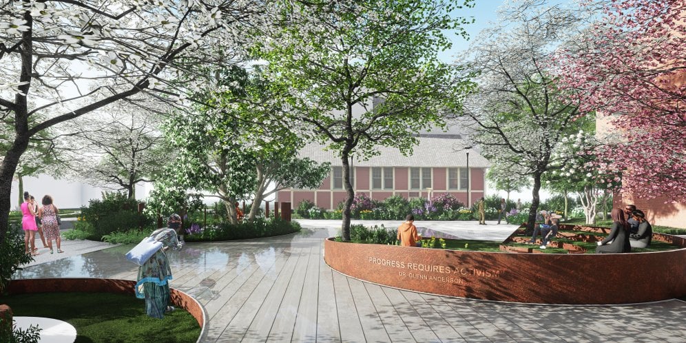 Louise B. Miller Pathways and Gardens: A Legacy to Black Deaf Children (Kendall Memorial Gallaudet). Rendering of a courtyard. People gather in circular sitting areas.