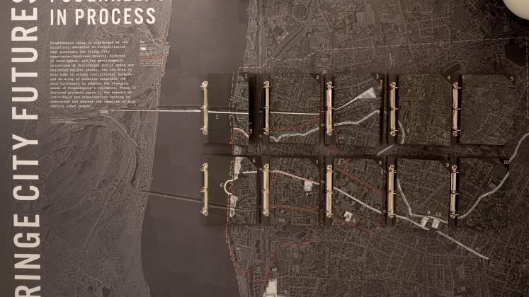 Gallery wall of the Fringe Cities exhibition, showcasing urban renewal in Poughkeepsie New York