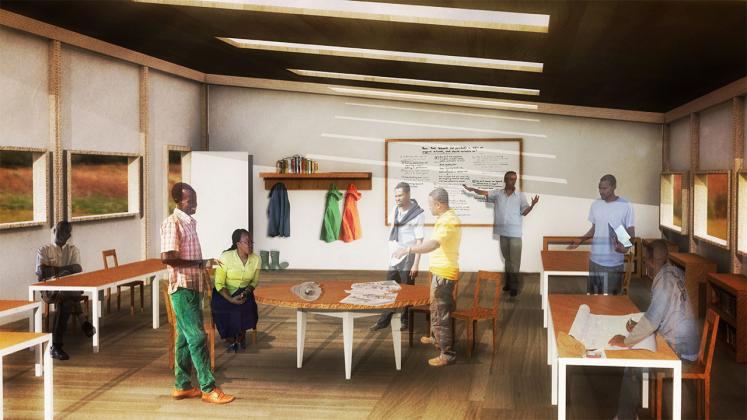 Rendering of open layout office space with individual desks and common work spaces