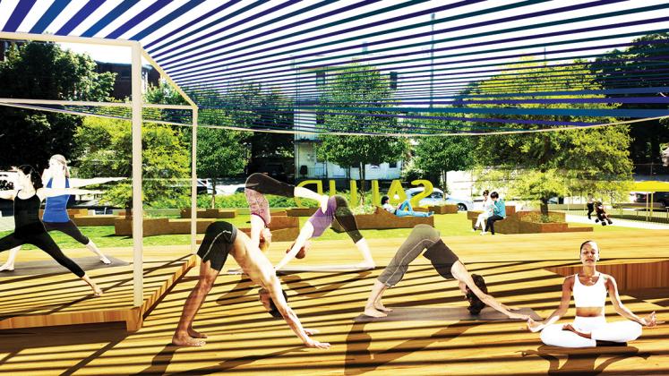 Rendering of Neighborhood Health Stations of Rhode Island, Yoga and recreational space on raised patio