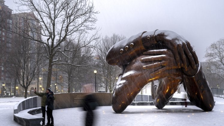 The Embrace memorial in the winter