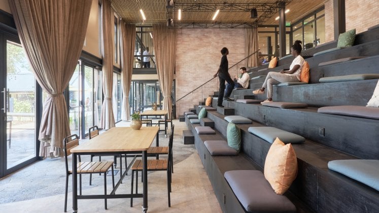 Interior townhall meeting room of the Norrsken Kigali House