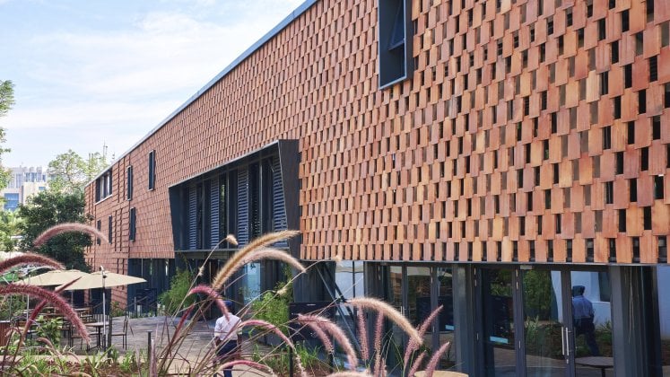 Exterior clay facade of the Norrsken Kigali House