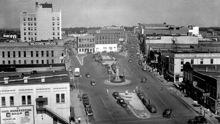 Morgan Square in the 1940s, before demolition and expansion of South Church Street into Route 221.