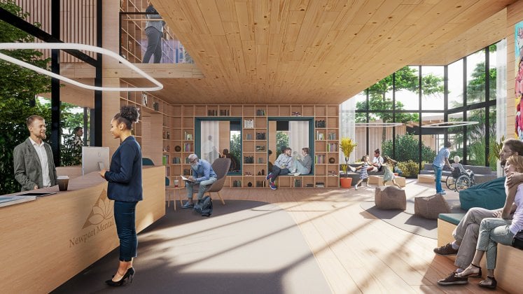Newport Mental Health. Rendering of the inner lobby. The waiting room offers a variety of sitting areas. People read books from the shelves, and sit near the large windows with views to the outside.