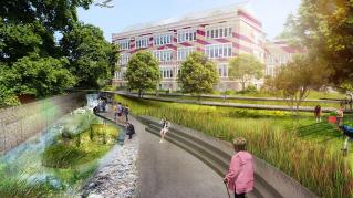 Rendering of the Poughkeepsie Family Partnership Center, View of the Building from the river with passerbys enjoying the outdoors